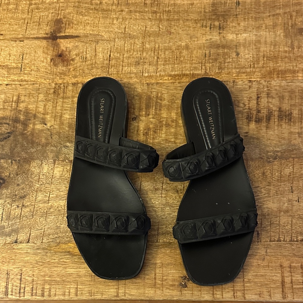 Stuart Weitzman Rosita 7 Black rose studded rubber Two-Strap Slide Sandals